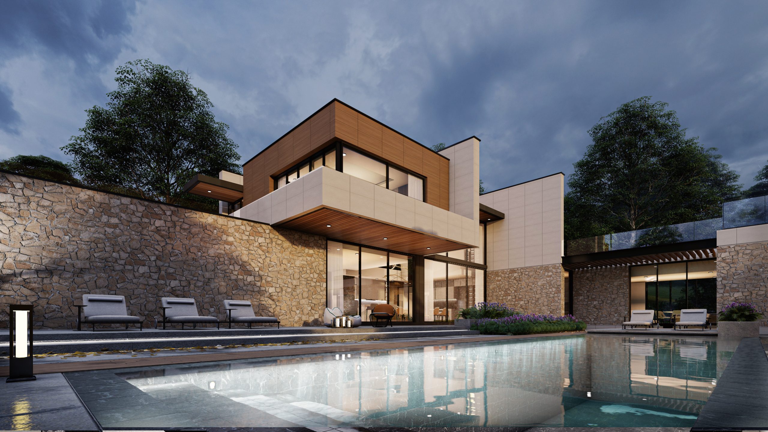 Architecture 3d rendering illustration of modern houses with natural landscape , daytime