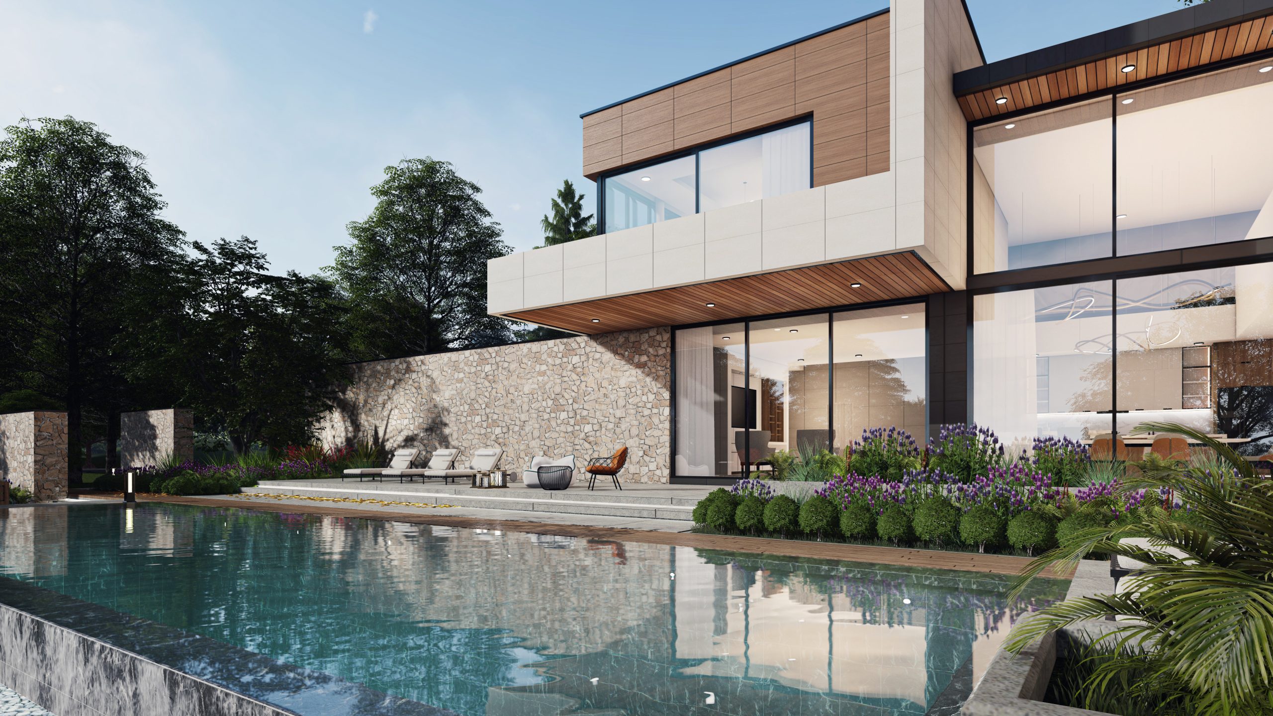 Architecture 3d rendering illustration of modern houses with natural landscape , daytime