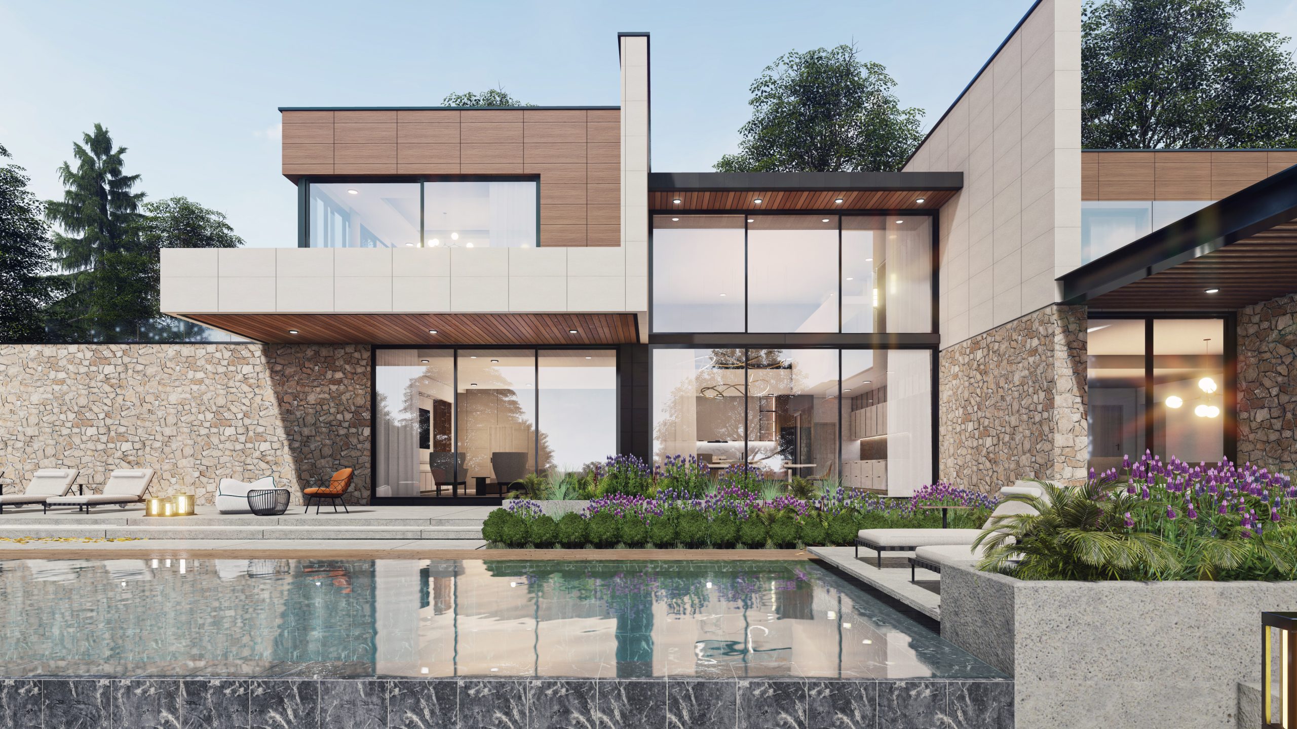 Architecture 3d rendering illustration of modern houses with natural landscape , daytime